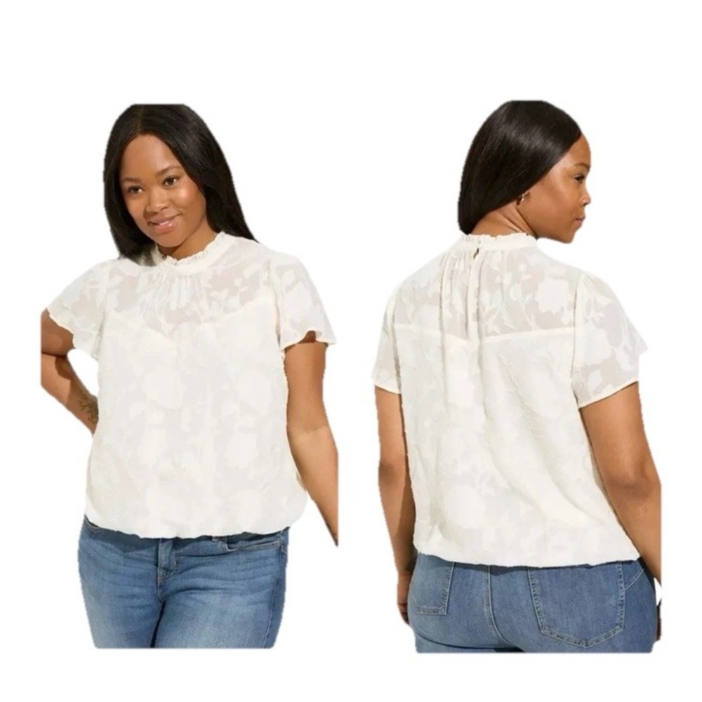 Torrid Ivory Floral Burnout Mock Neck Flutter Sleeve Blouse Womens 3X Romantic